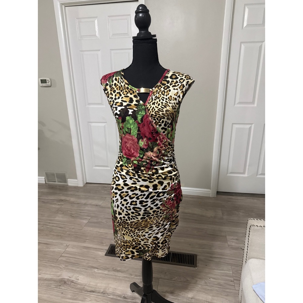 Palacio Leopard Floral Print Ruched Sheath Dress Gold Hardware M Sleeveless